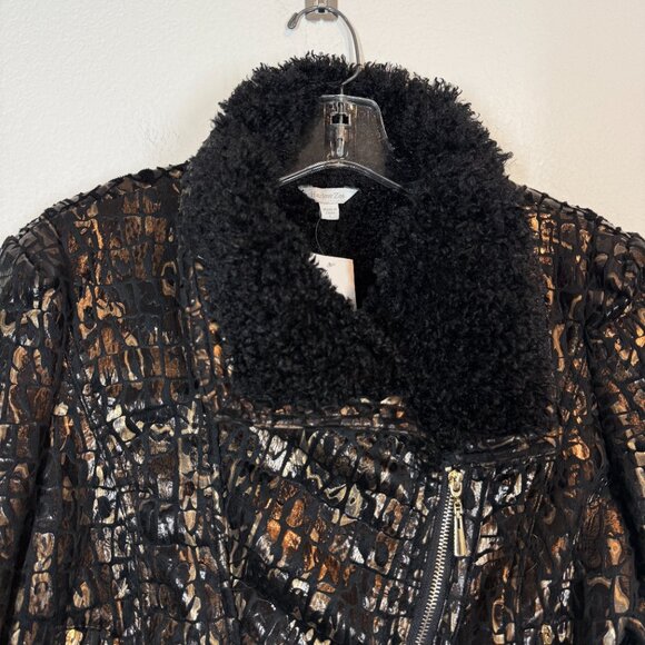 Y2K Rocker Jacket Faux Croc Pattern Black Gold Sherpa Lined Holiday Large - Picture 4 of 11